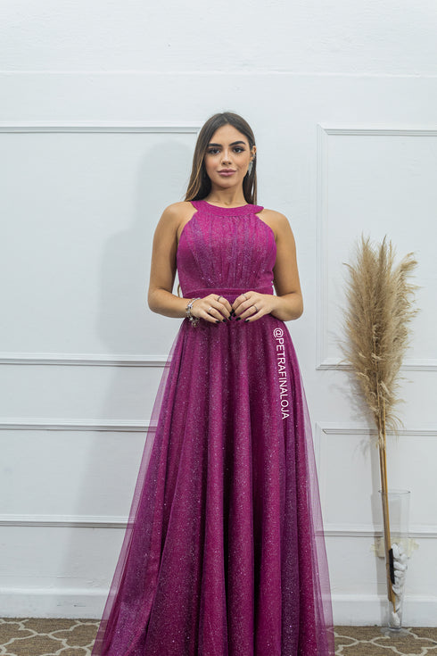 VESTIDO DE GOLA TULE TRABALHADO